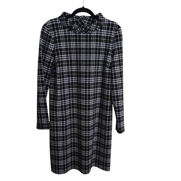 Talbots Windowpane Plaid Fleece Long Sleeve Mock Neck Dress Black Cream  Size M - Picture 2 of 7